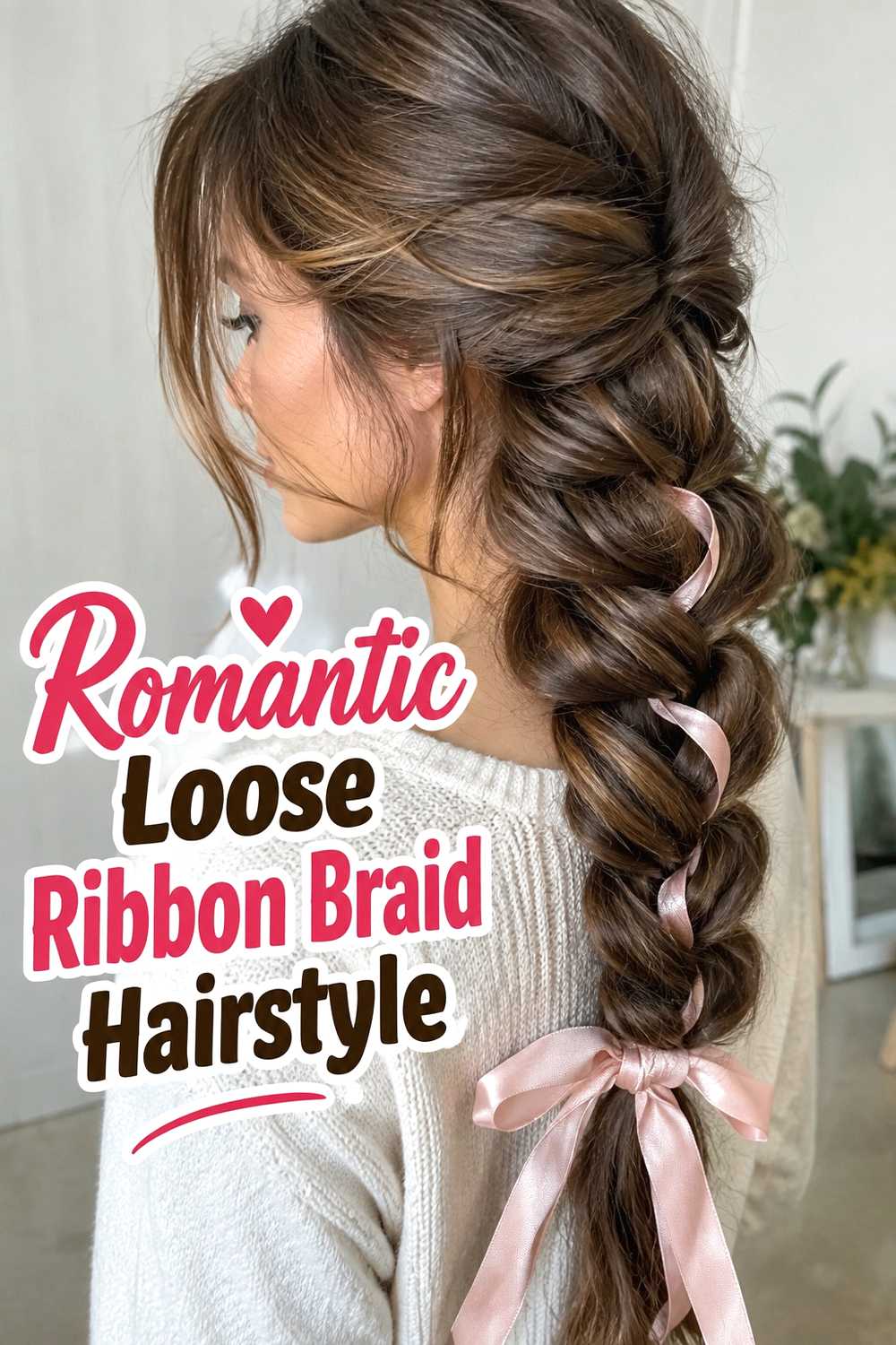 20. Romantic Loose Ribbon Braid Hairstyle