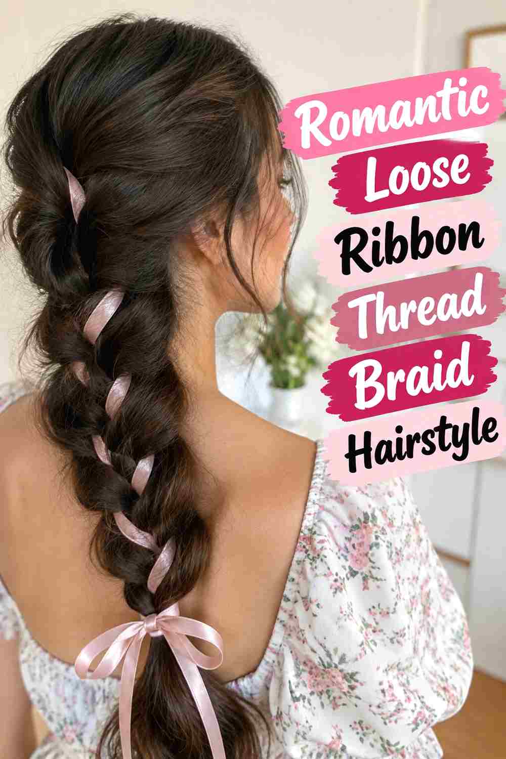 15. Romantic Loose Ribbon Thread Braid Hairstyle