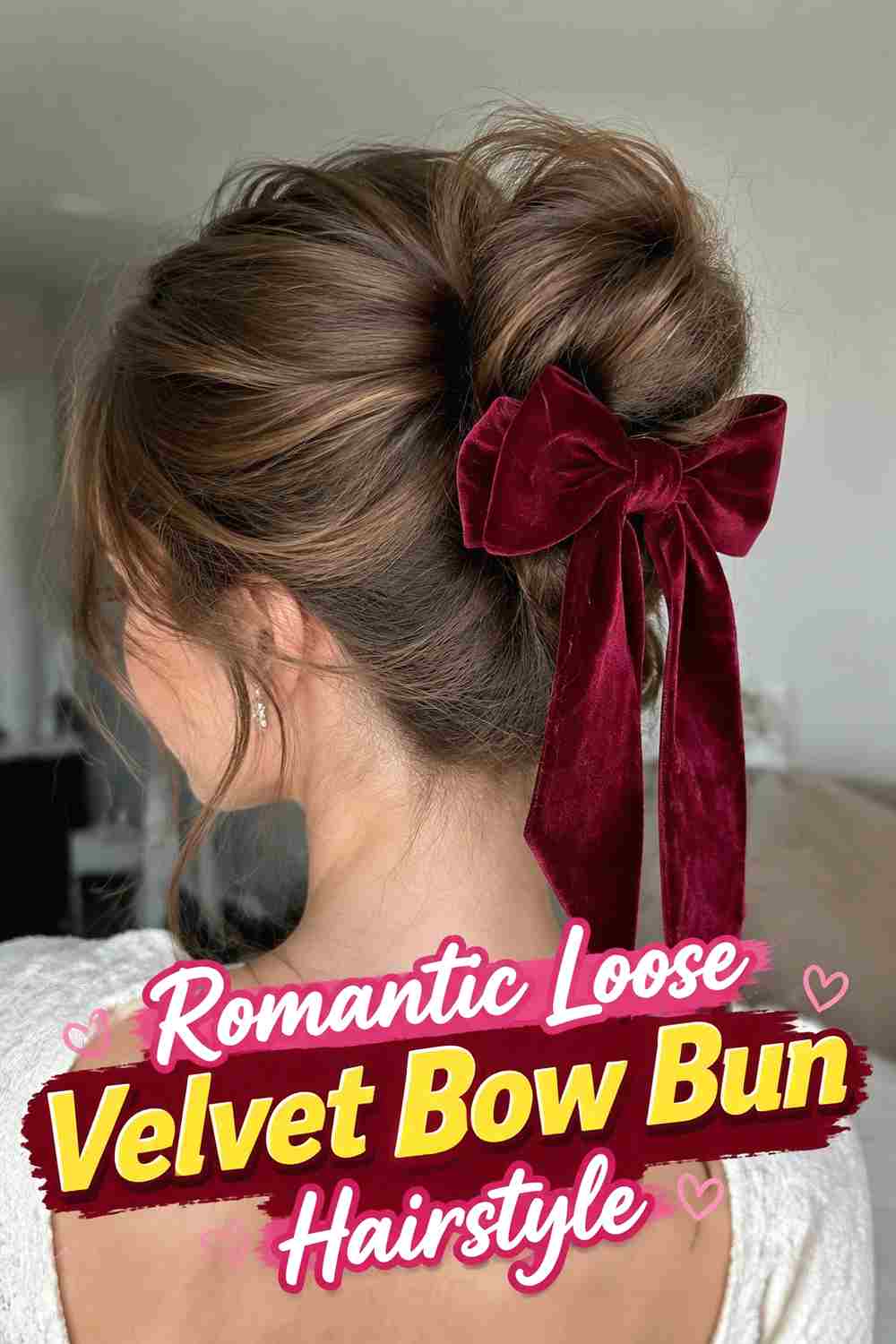 16. Romantic Loose Velvet Bow Bun Hairstyle