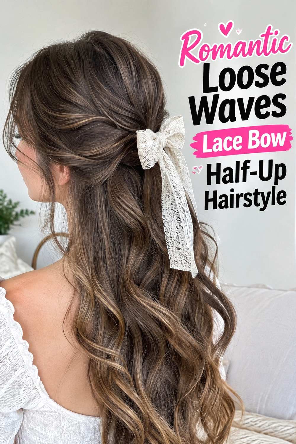2. Romantic Loose Waves Lace Bow Half Up Hairstyle