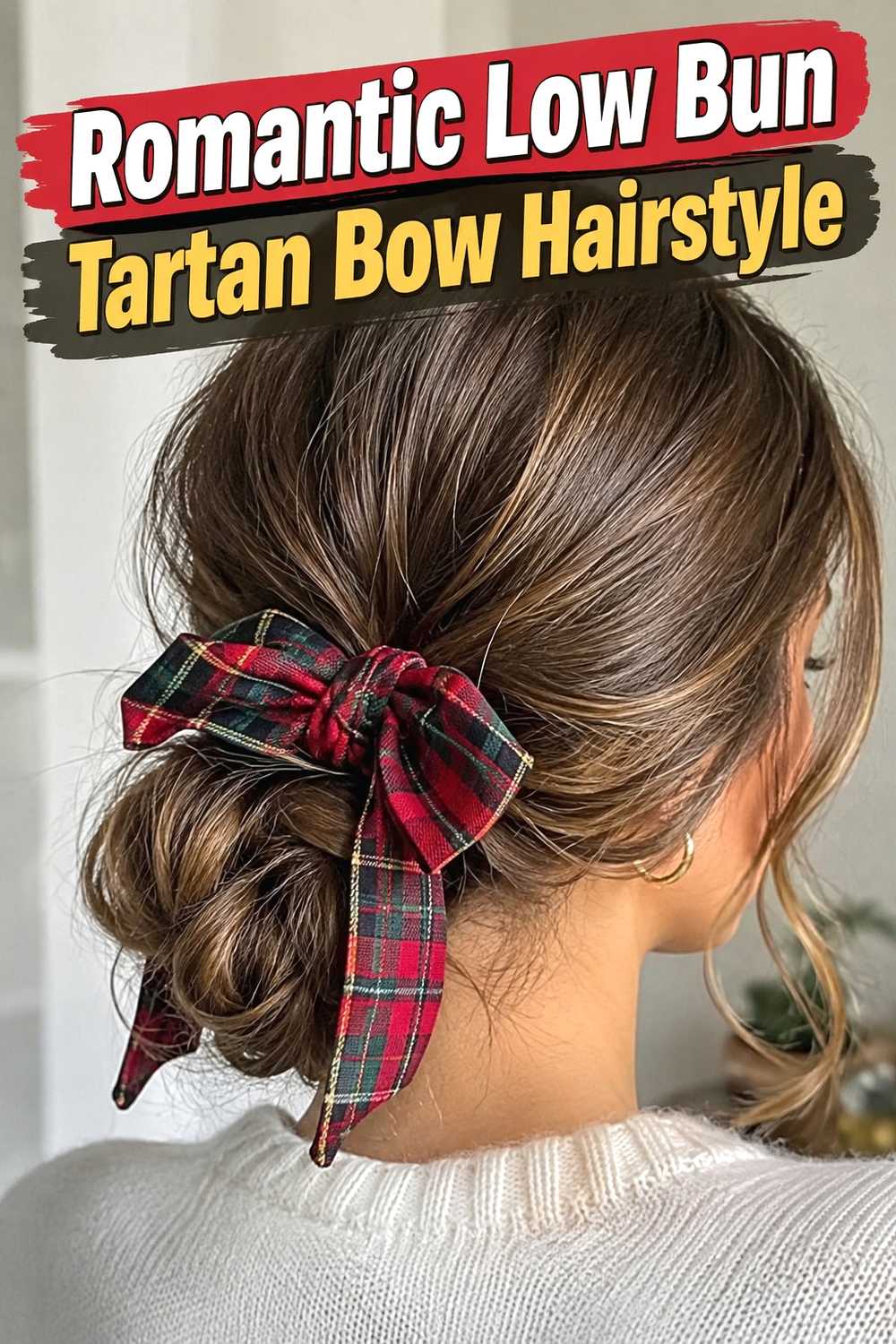 4. Romantic Low Bun Tartan Bow Hairstyle