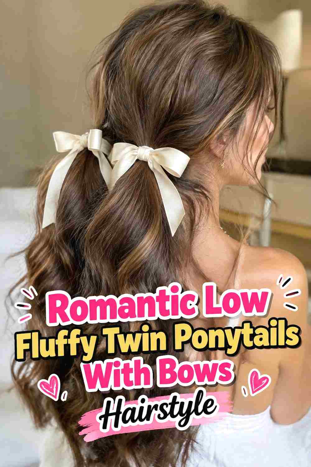 17. Romantic Low Fluffy Twin Ponytails With Bows Hairstyle