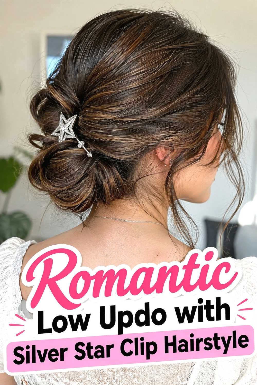 19. Romantic Low Updo With Silver Star Clip Hairstyle