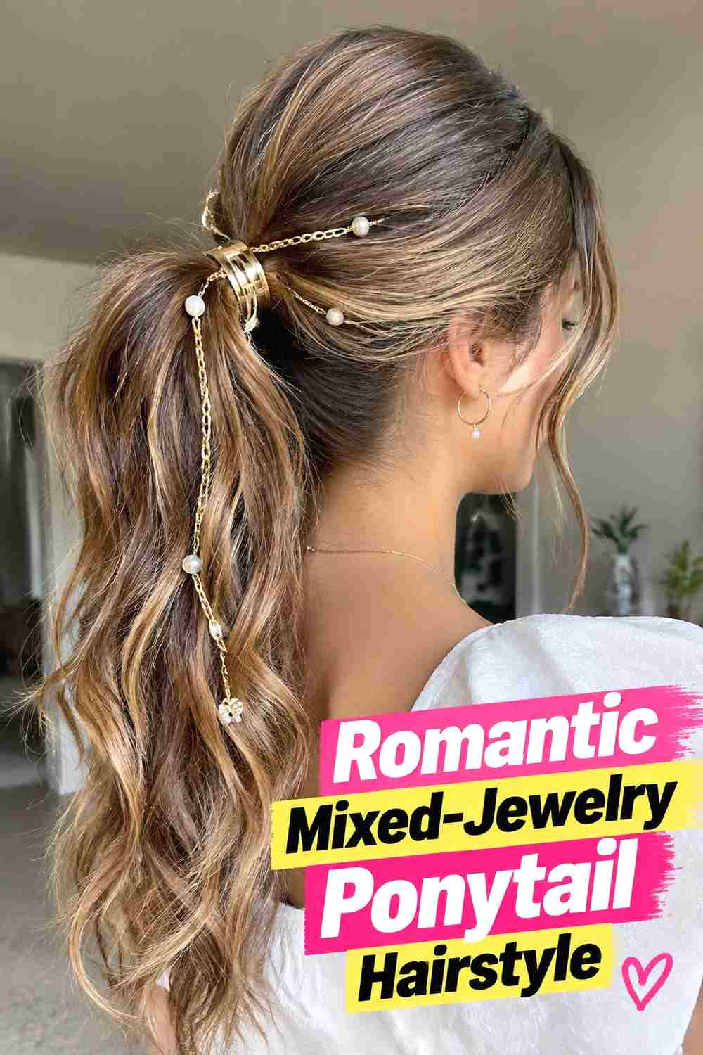 15. Romantic Mixed Jewelry Ponytail Hairstyle