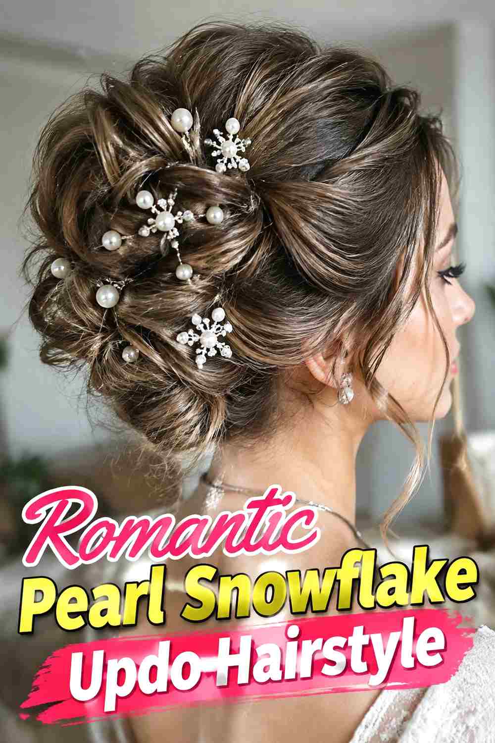 16. Romantic Pearl Snowflake Updo Hairstyle