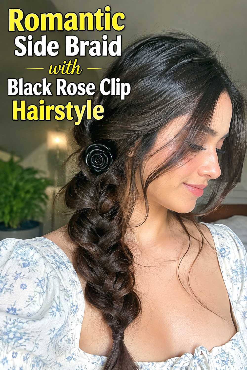 5. Romantic Side Braid With Black Rose Clip Hairstyle