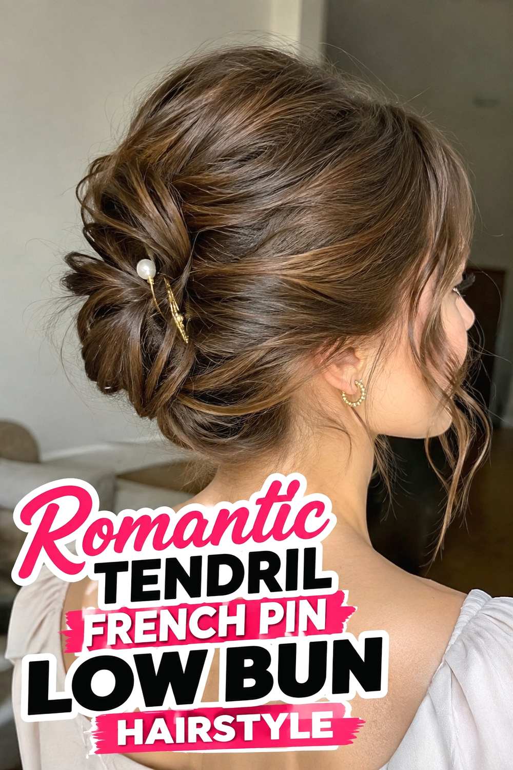 13. Romantic Tendril French Pin Low Bun Hairstyle