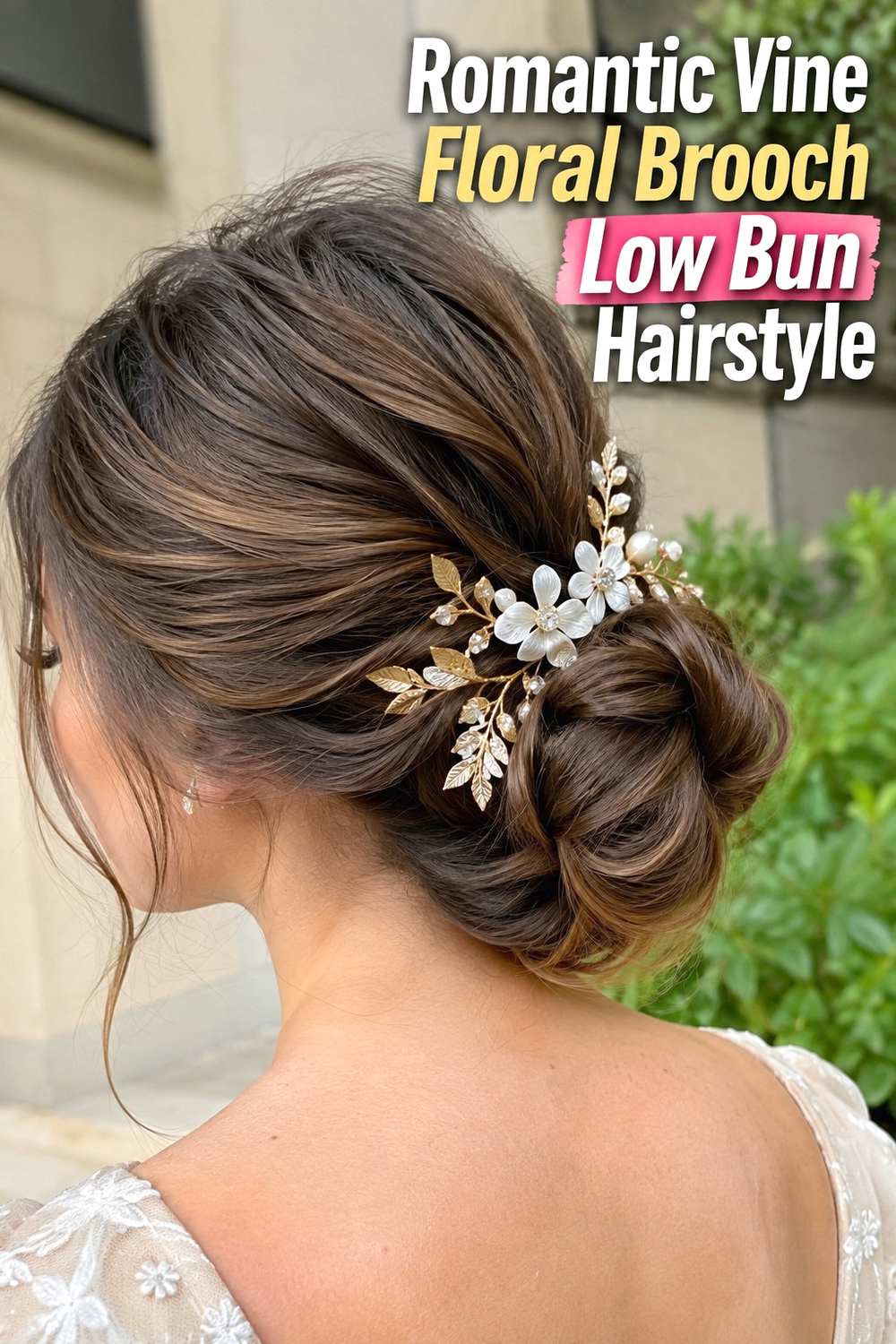 15. Romantic Vine Floral Brooch Low Bun Hairstyle