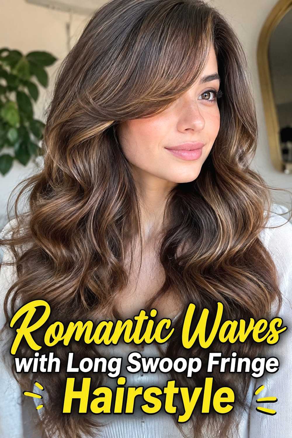 15. Romantic Waves With Long Swoop Fringe Hairstyle