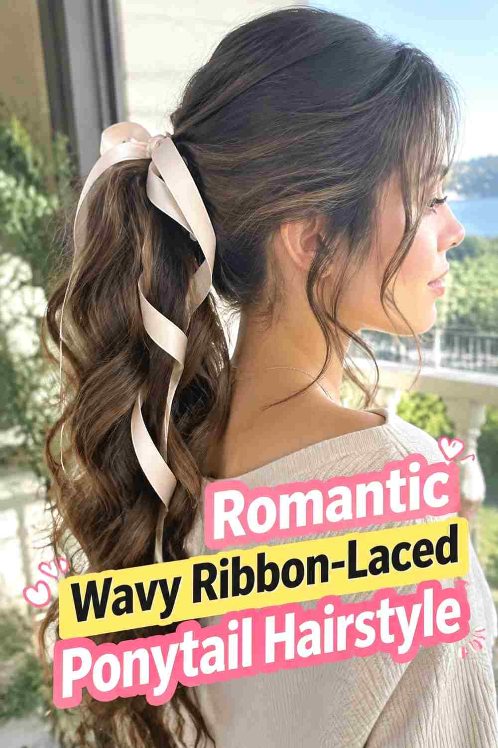 9. Romantic Wavy Ribbon Laced Ponytail Hairstyle