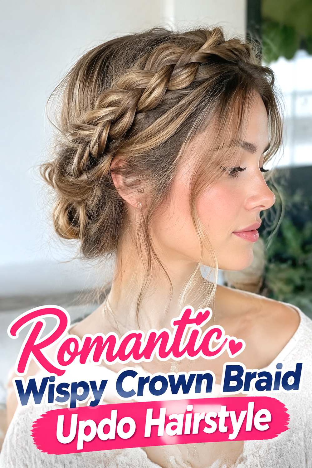 Romantic Wispy Crown Braid Updo Hairstyle
