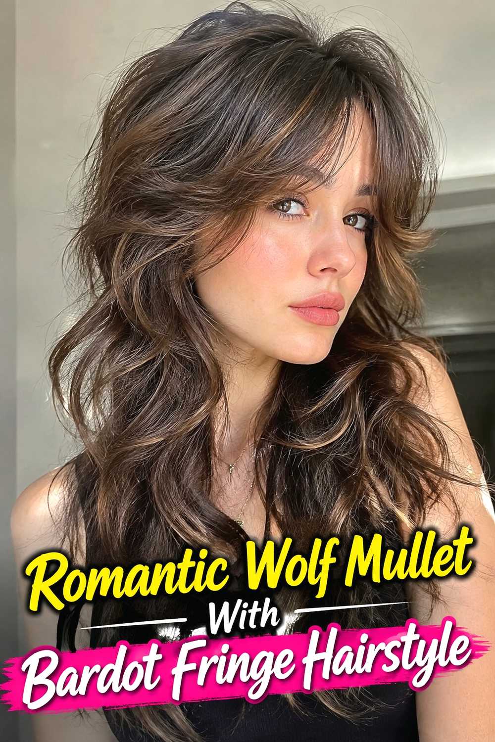 17. Romantic Wolf Mullet With Bardot Fringe Hairstyle