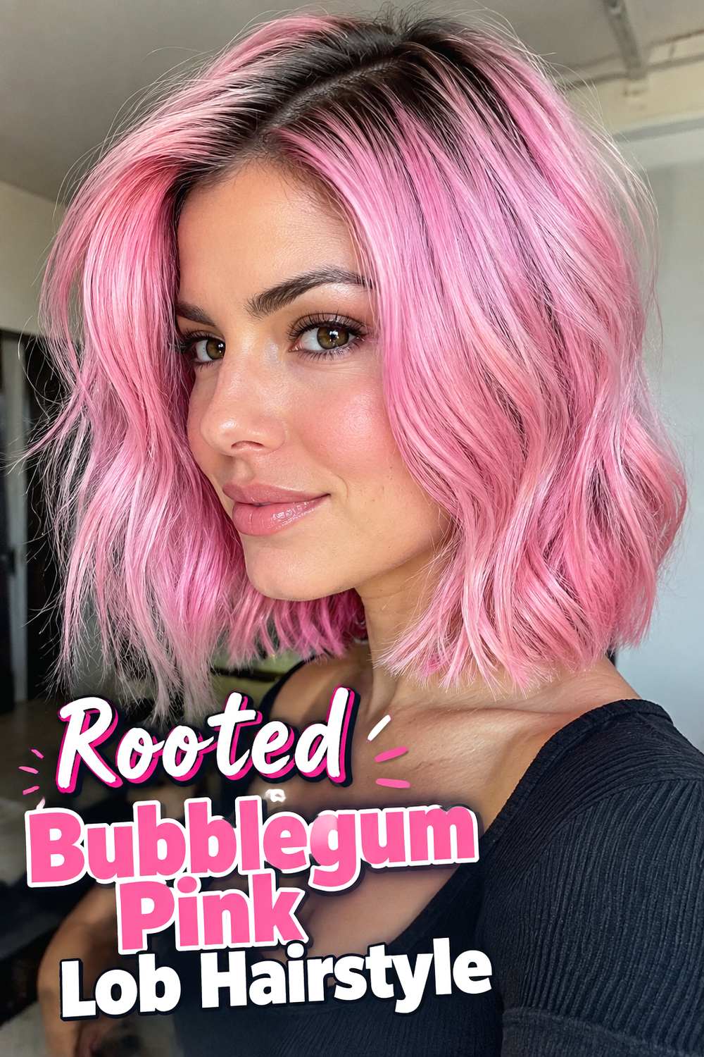 Rooted Bubblegum Pink Lob Hairstyle