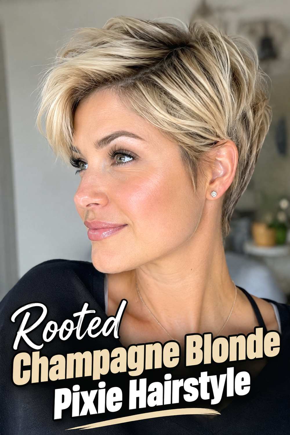 Rooted Champagne Blonde Pixie Hairstyle