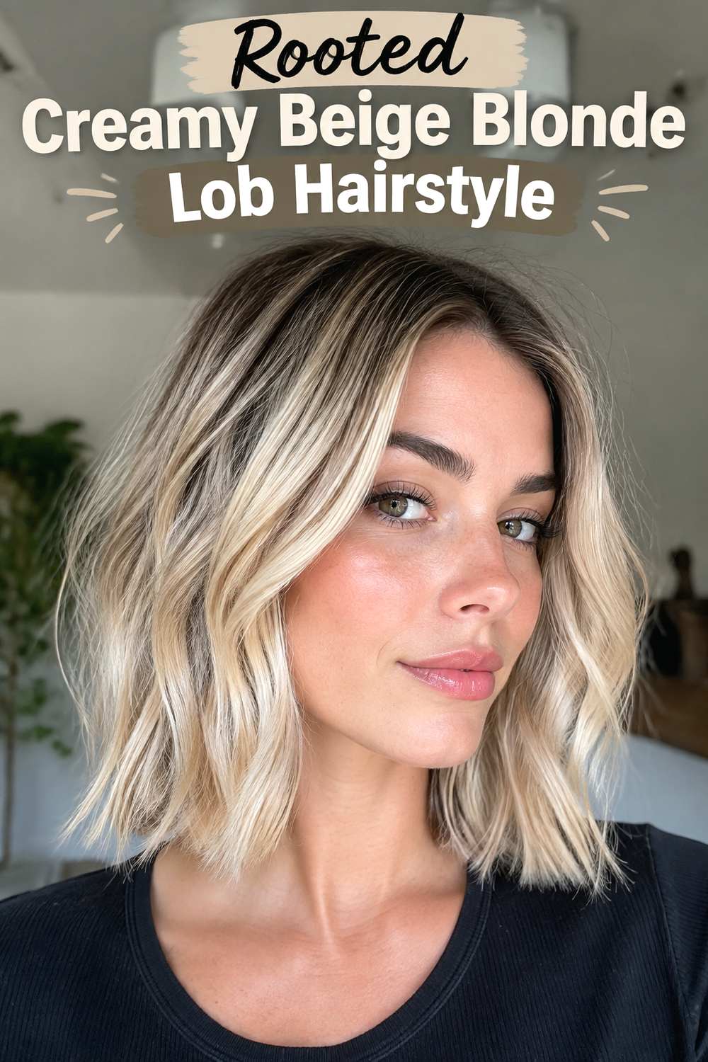 Rooted Creamy Beige Blonde Lob Hairstyle
