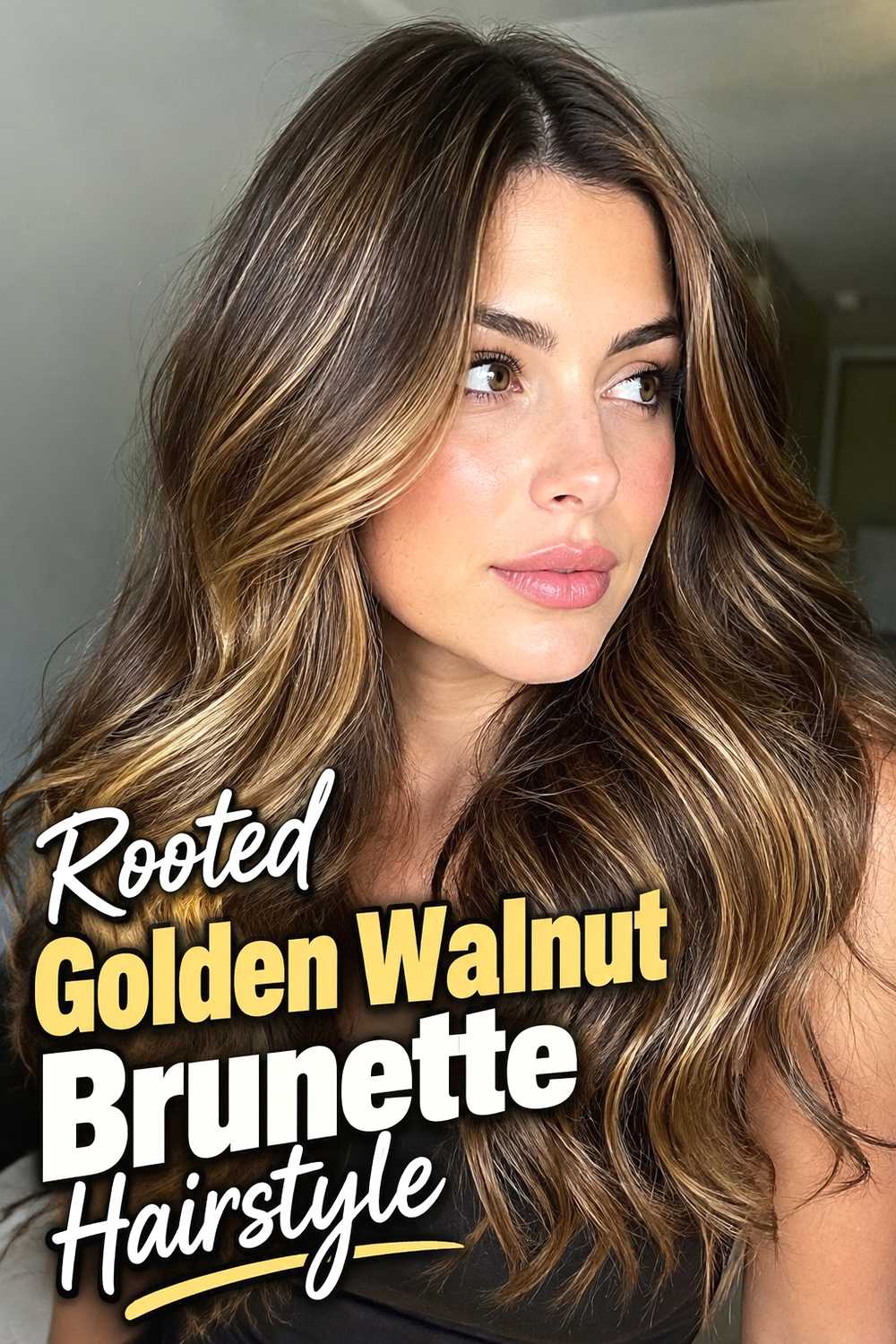 12. Rooted Golden Walnut Brunette Hairstyle