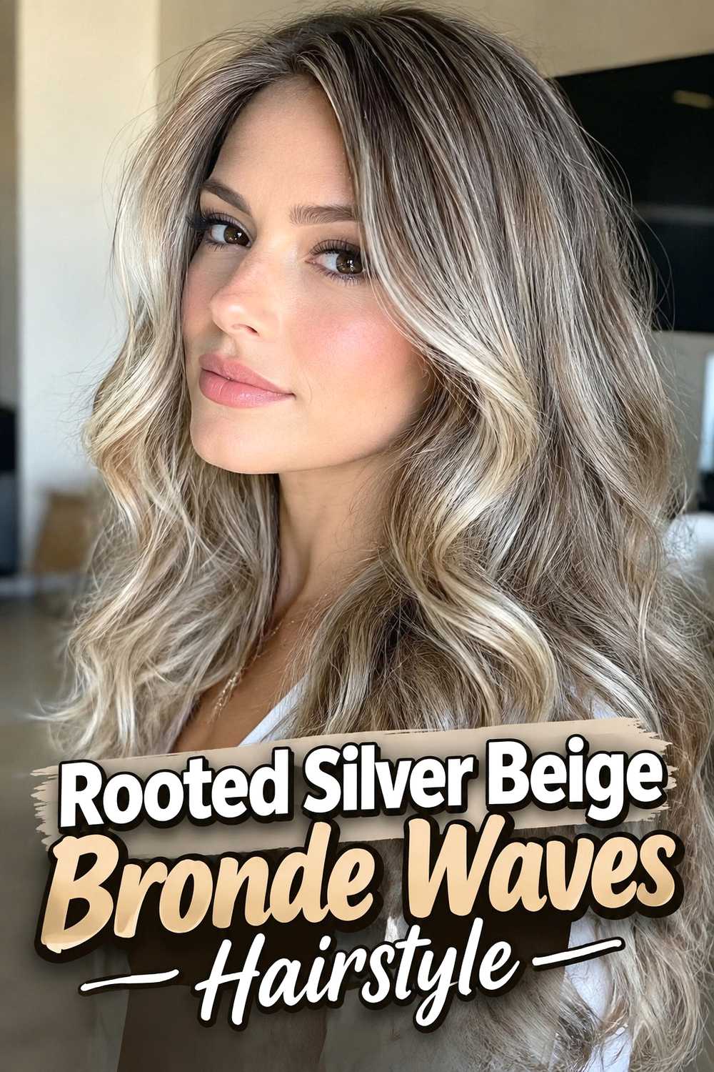 2. Rooted Silver Beige Bronde Waves Hairstyle