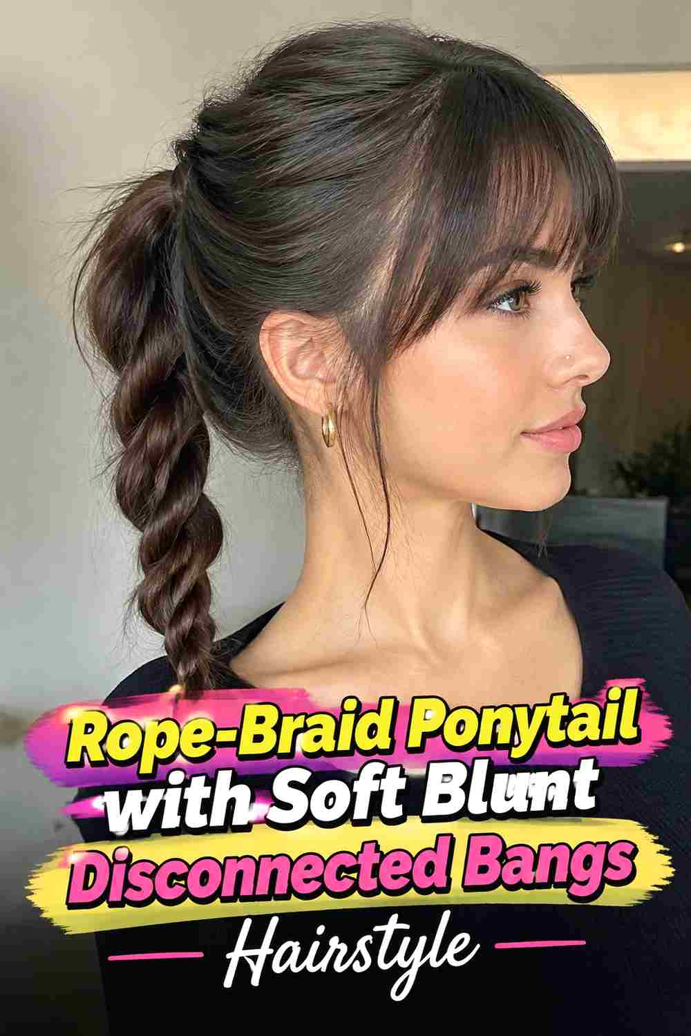 18. Rope Braid Ponytail With Soft Blunt Disconnected Bangs Hairstyle