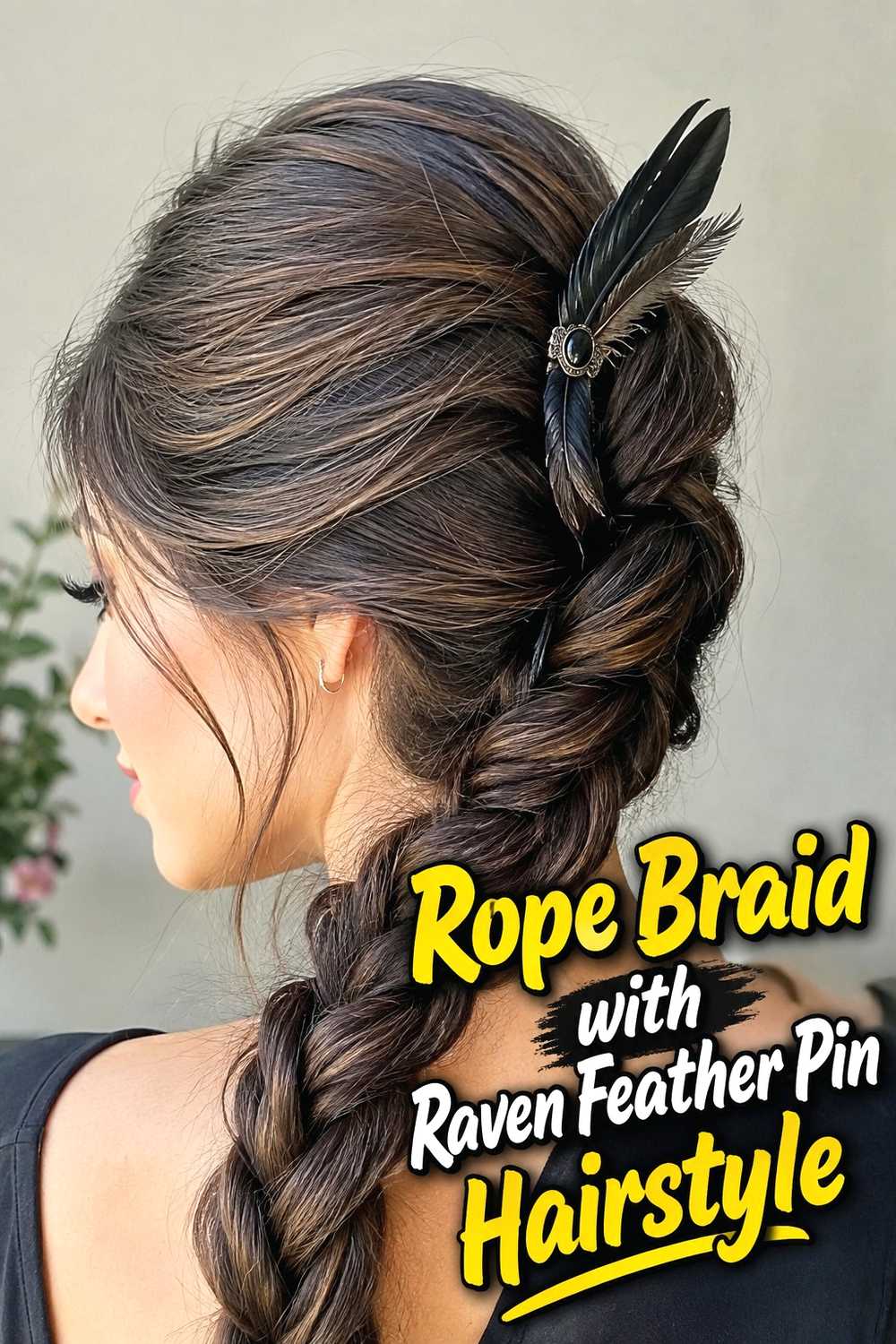 18. Rope Braid With Raven Feather Pin Hairstyle