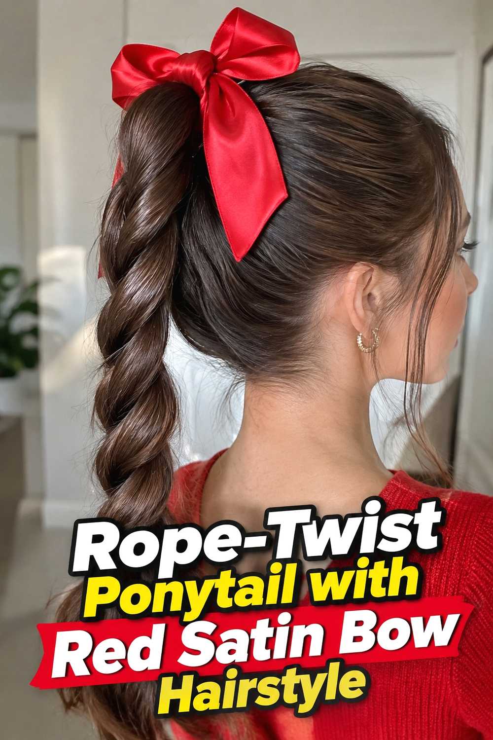 10. Rope Twist Ponytail With Red Satin Bow Hairstyle