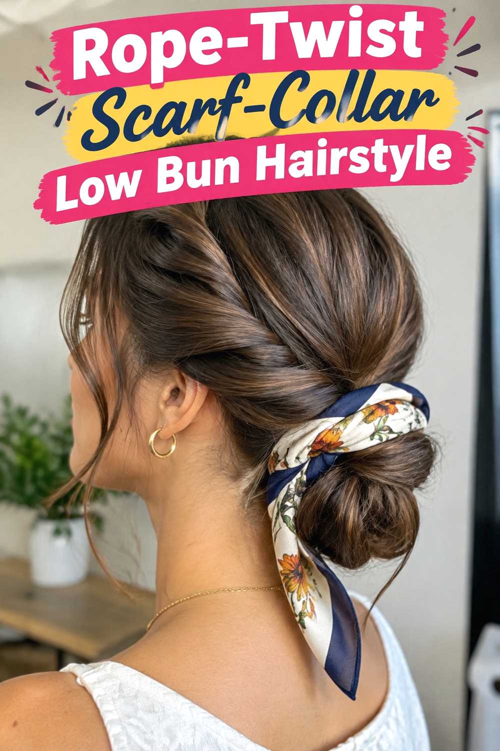 9. Rope Twist Scarf Collar Low Bun Hairstyle