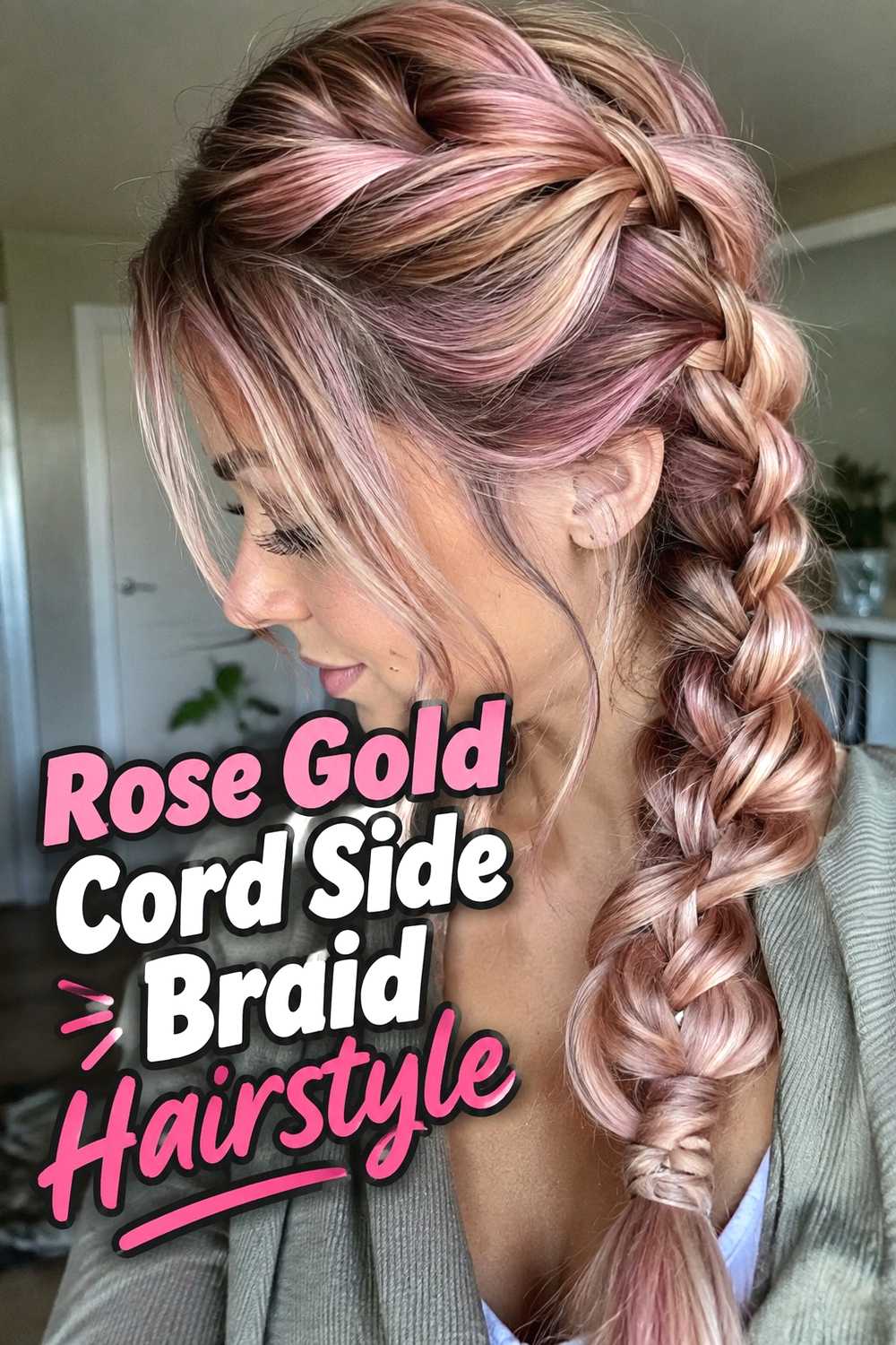 4. Rose Gold Cord Side Braid Hairstyle