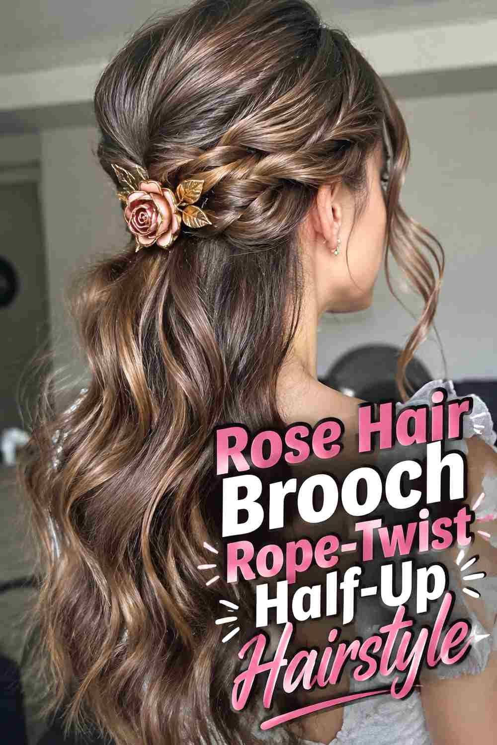 13. Rose Hair Brooch Rope Twist Half Up Hairstyle