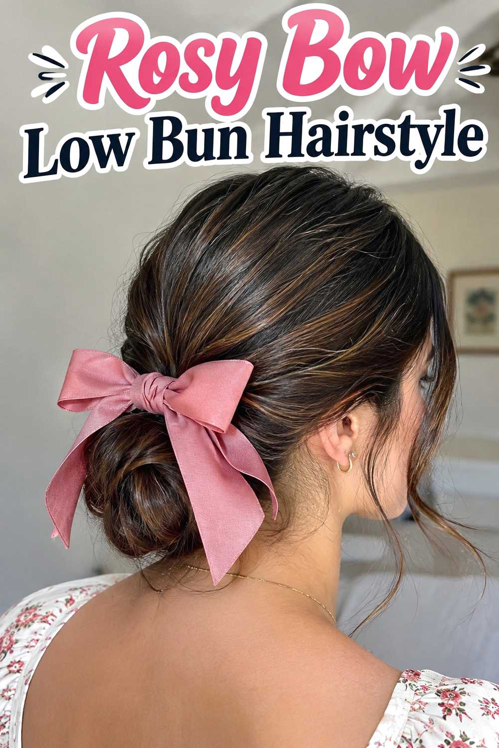 6. Rosy Bow Low Bun Hairstyle