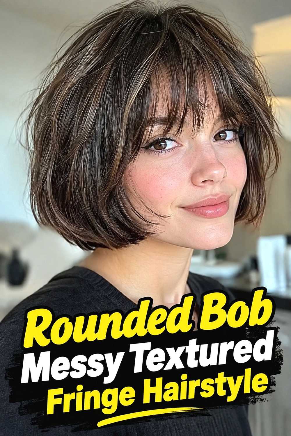 11. Rounded Bob Messy Textured Fringe Hairstyle