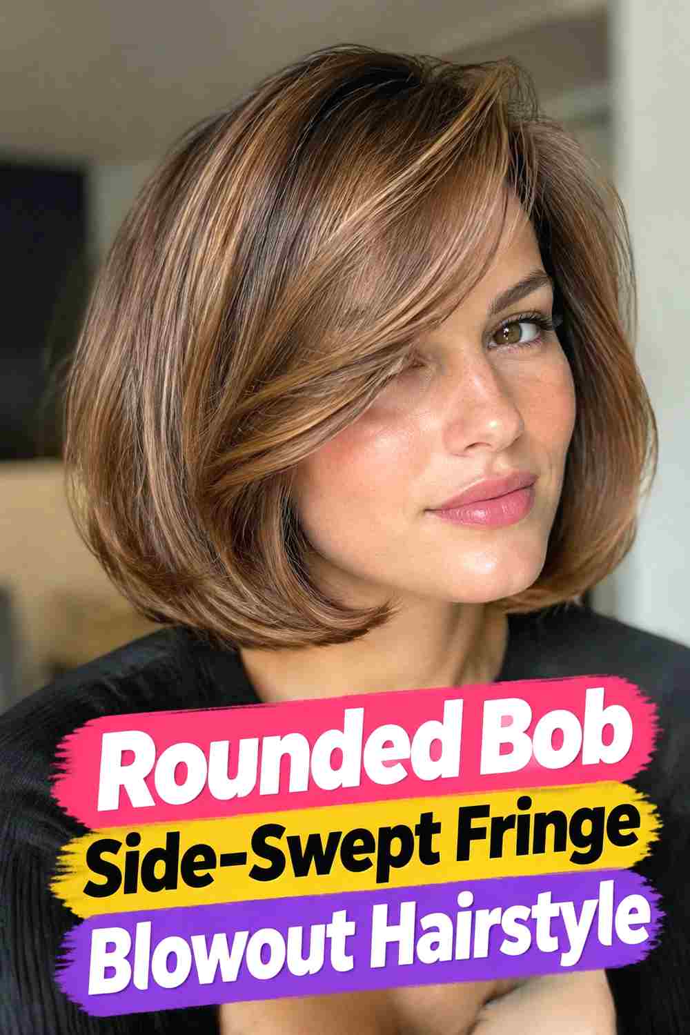 9. Rounded Bob Side Swept Fringe Blowout Hairstyle