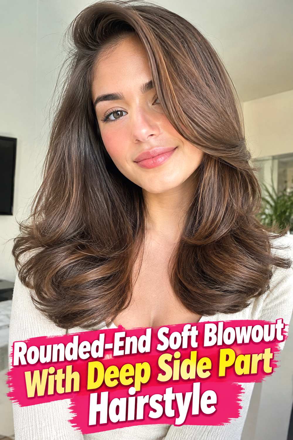 Rounded-End Soft Blowout With Deep Side Part Hairstyle
