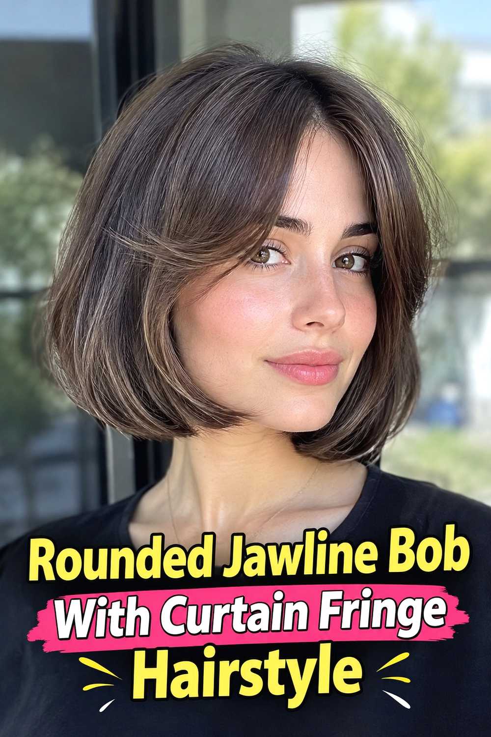 4. Rounded Jawline Bob With Curtain Fringe Hairstyle