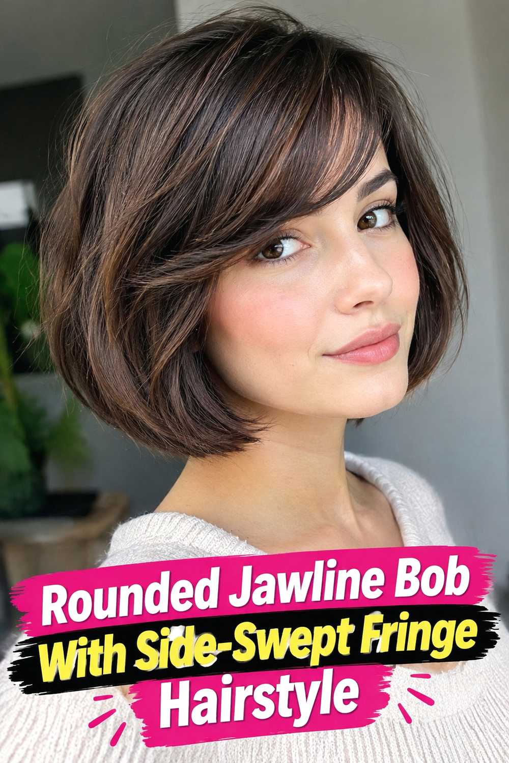 9. Rounded Jawline Bob With Side Swept Fringe Hairstyle