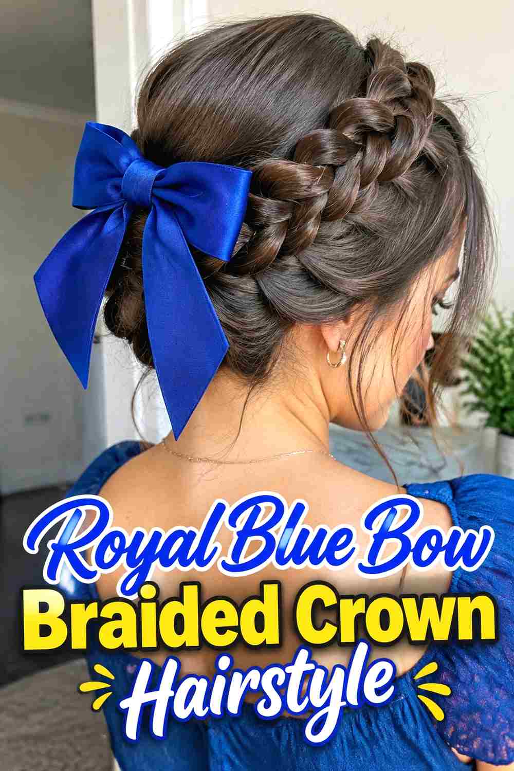 11. Royal Blue Bow Braided Crown Hairstyle