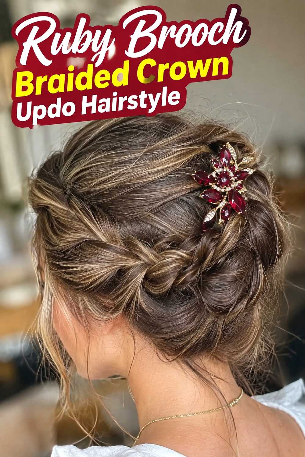 10. Ruby Brooch Braided Crown Updo Hairstyle