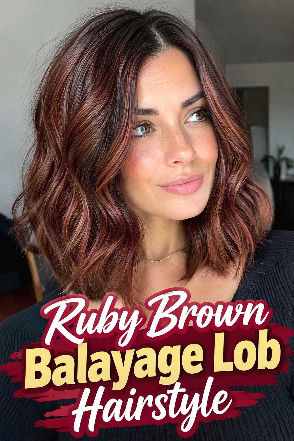 13. Ruby Brown Balayage Lob Hairstyle