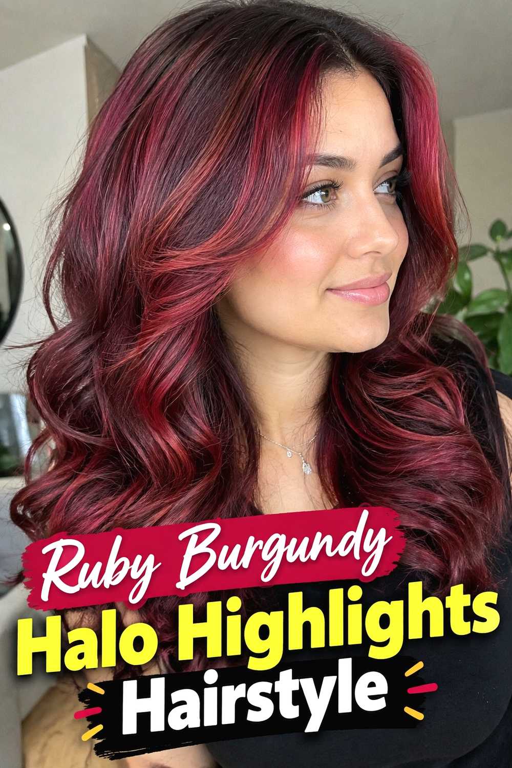 12. Ruby Burgundy Halo Highlights Hairstyle