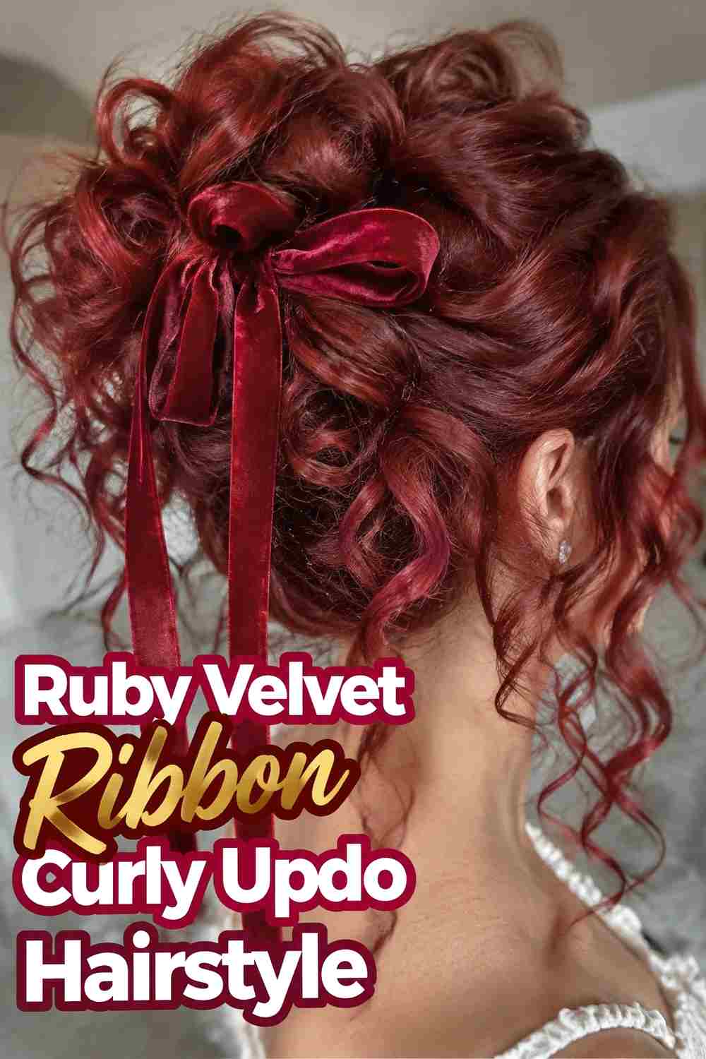 12. Ruby Velvet Ribbon Curly Updo Hairstyle
