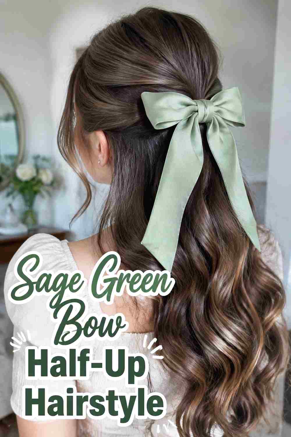 14. Sage Green Bow Half Up Hairstyle