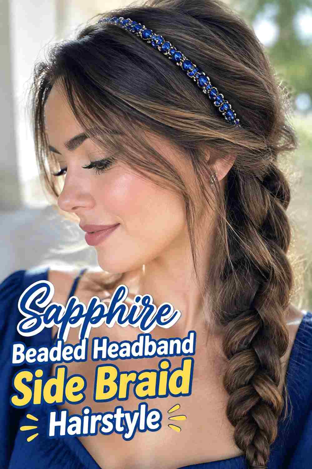 11. Sapphire Beaded Headband Side Braid Hairstyle