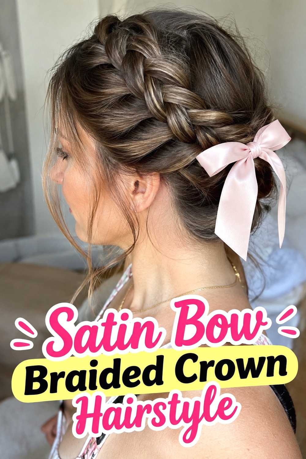 5. Satin Bow Braided Crown Hairstyle