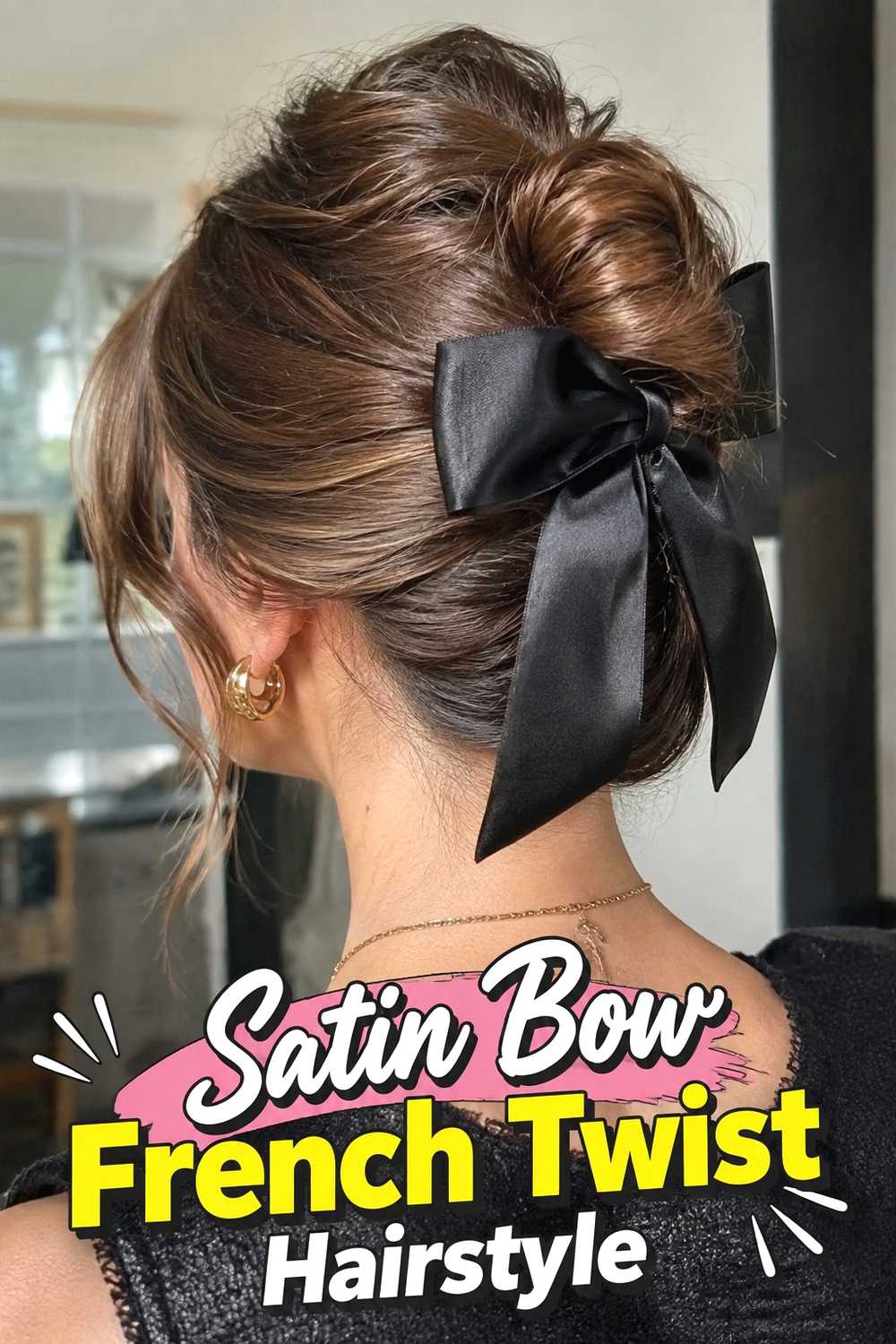 4. Satin Bow French Twist Hairstyle