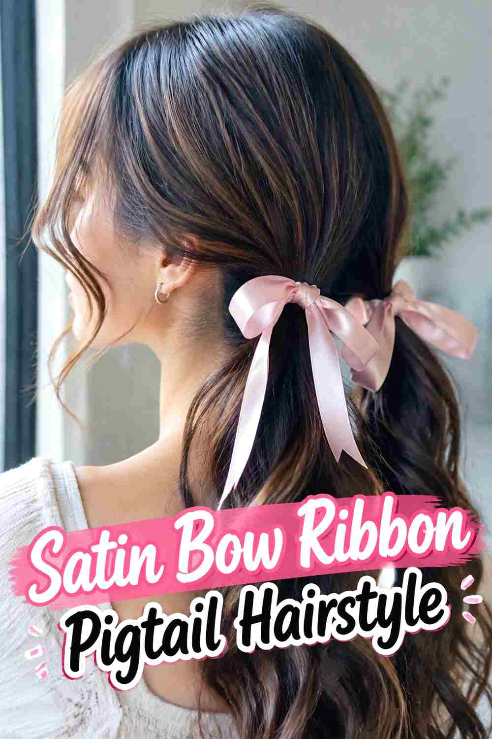 9. Satin Bow Ribbon Pigtail Hairstyle