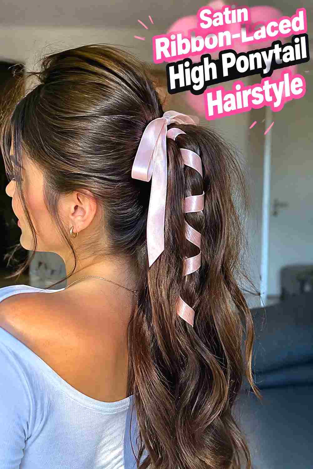 2. Satin Ribbon Laced High Ponytail Hairstyle