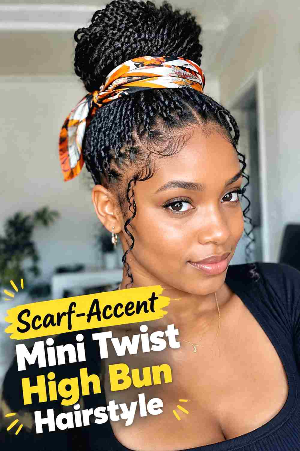 13. Scarf Accent Mini Twist High Bun Hairstyle