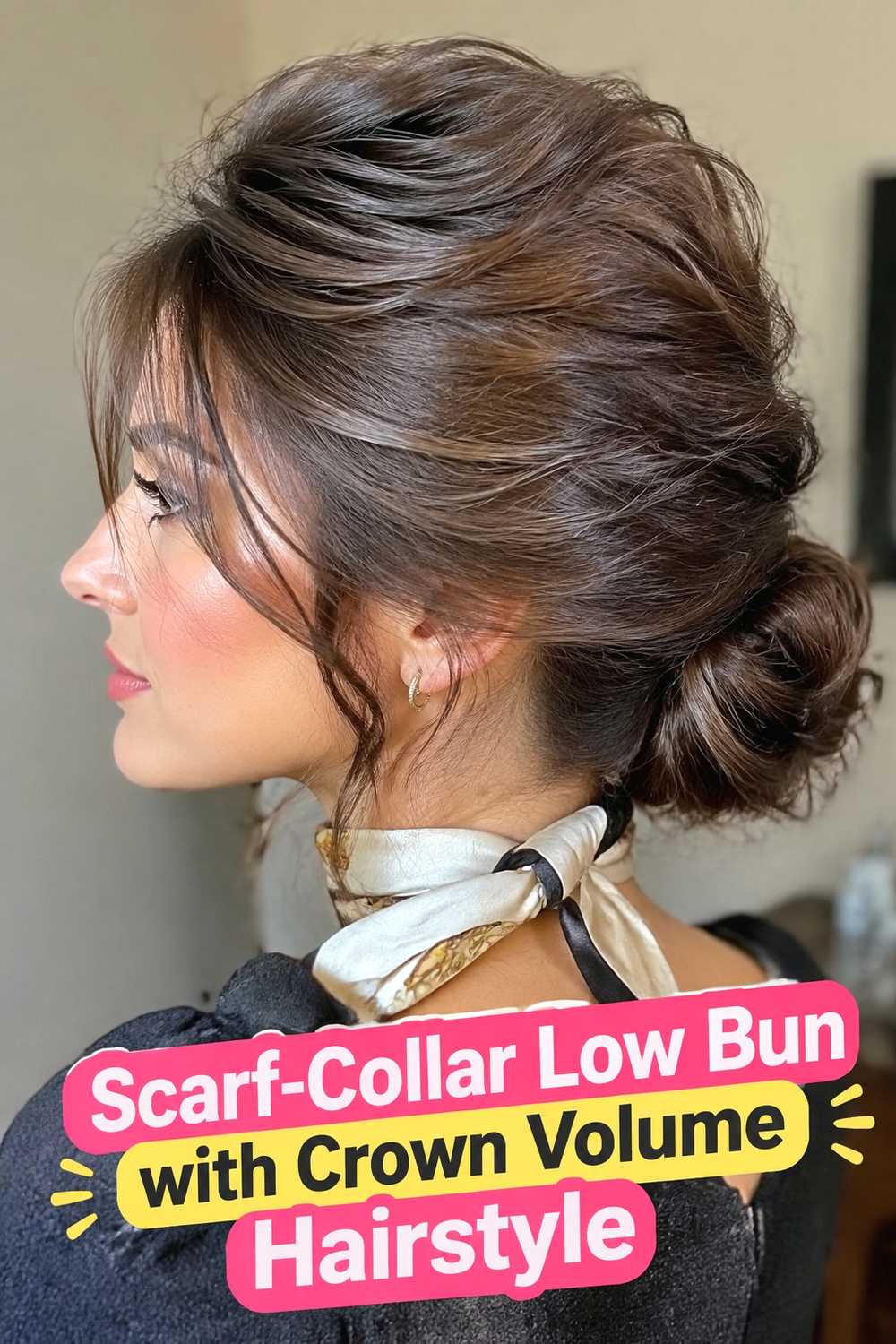 14. Scarf Collar Low Bun With Crown Volume Hairstyle