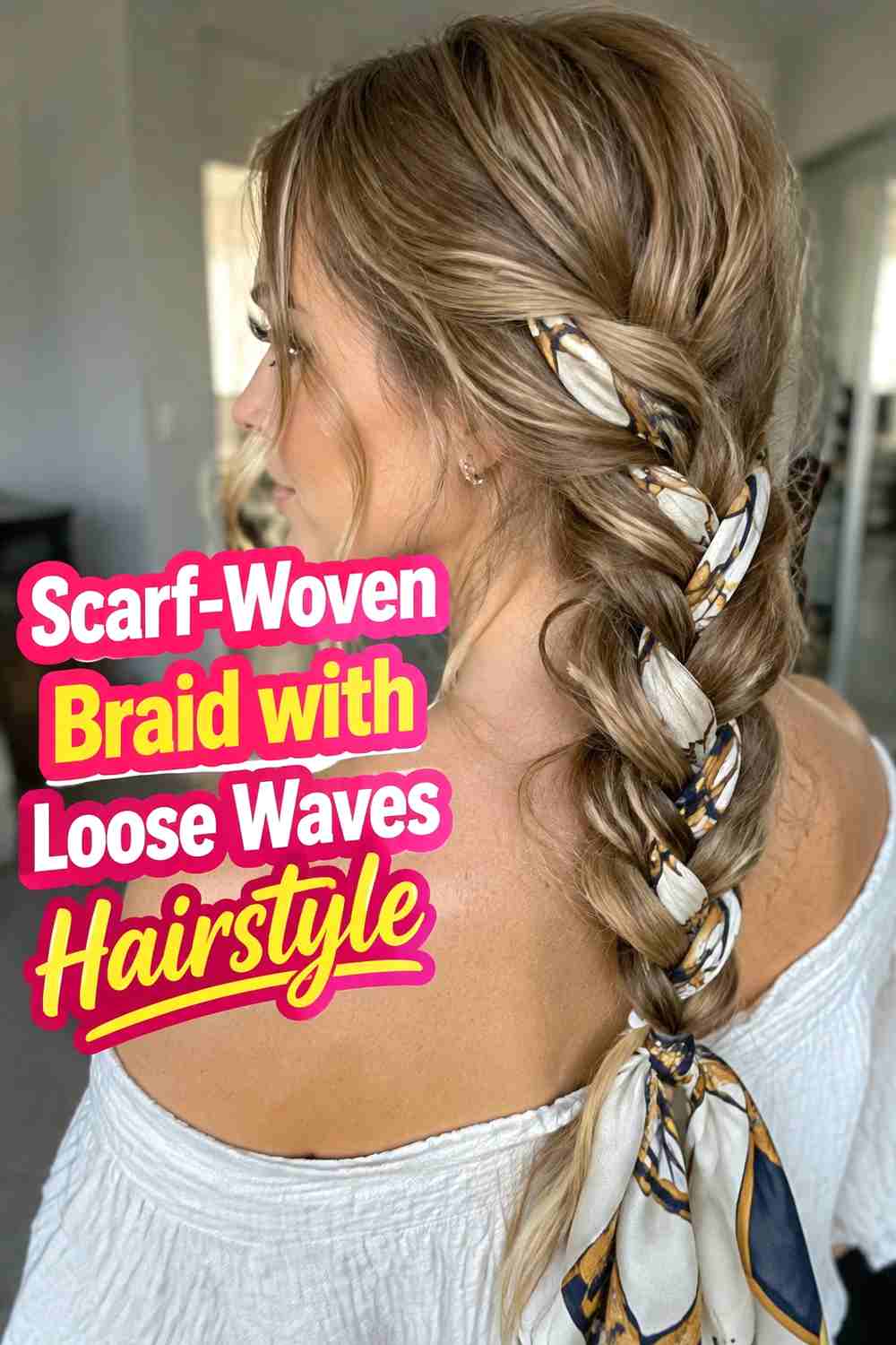 14. Scarf Woven Braid With Loose Waves Hairstyle