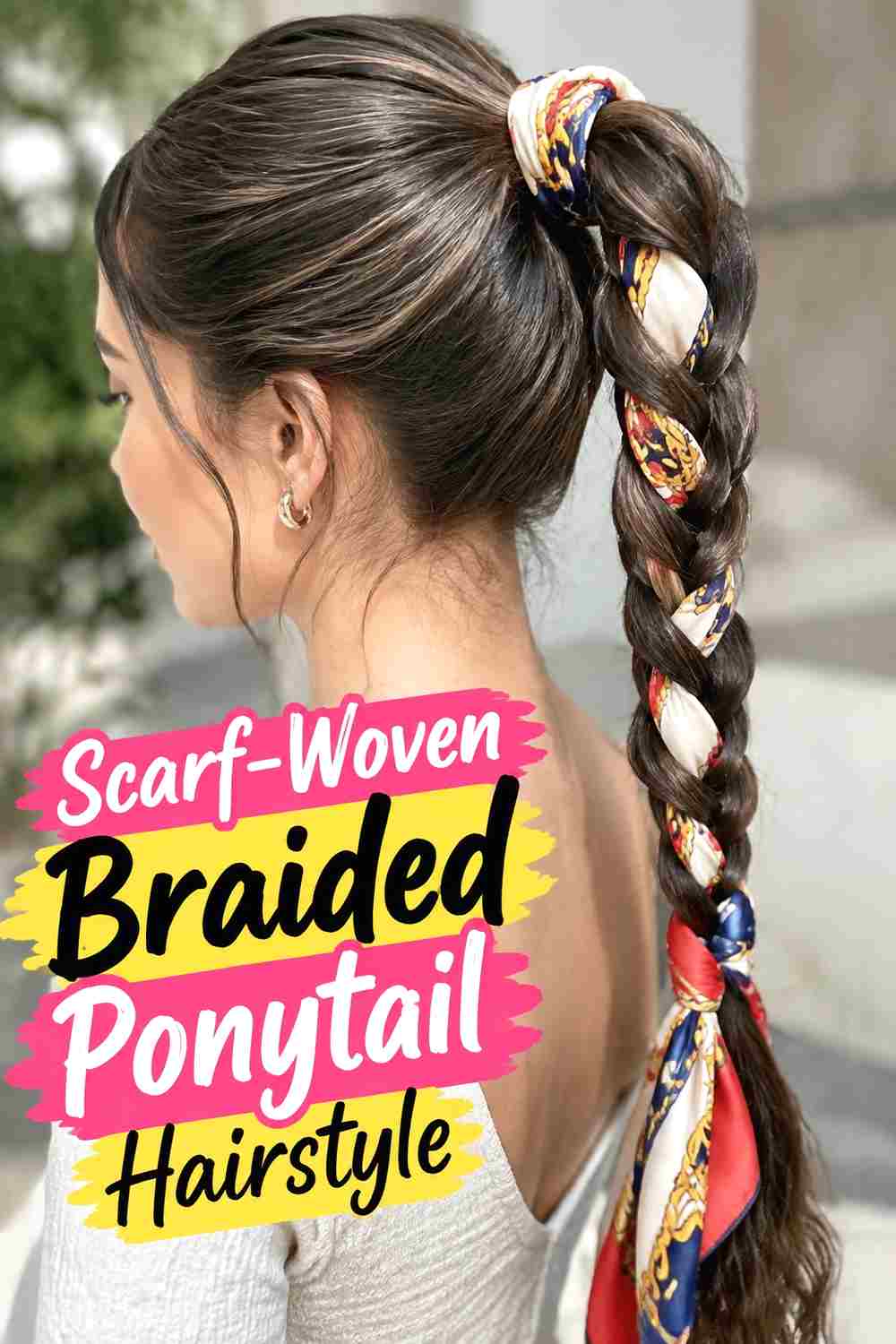 12. Scarf Woven Braided Ponytail Hairstyle