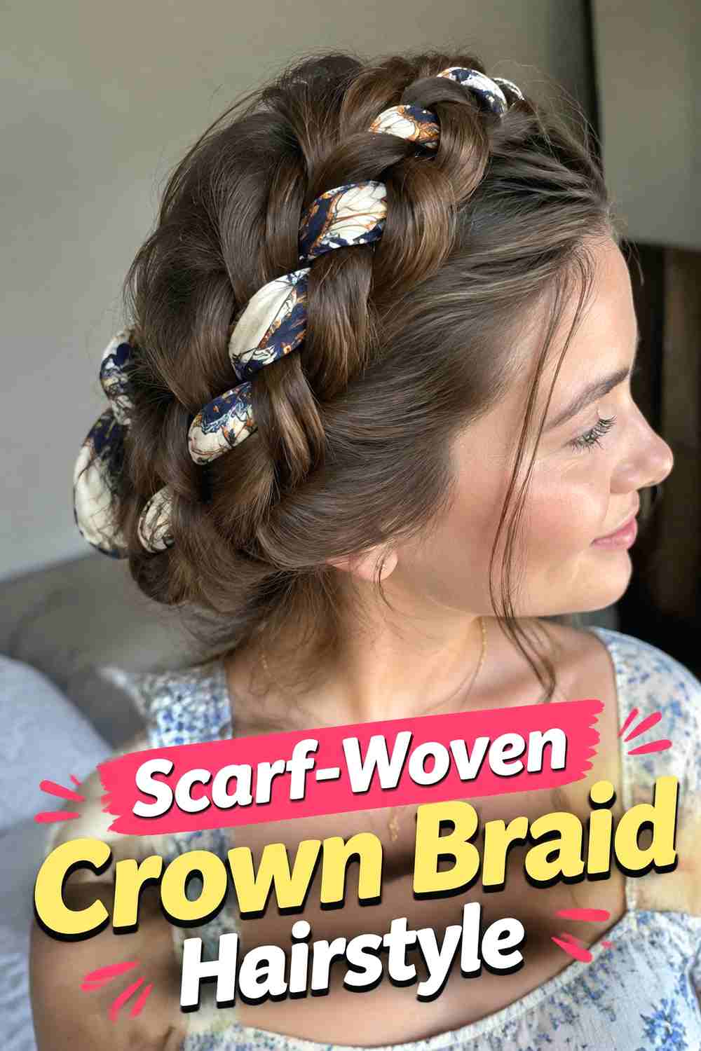 8. Scarf Woven Crown Braid Hairstyle