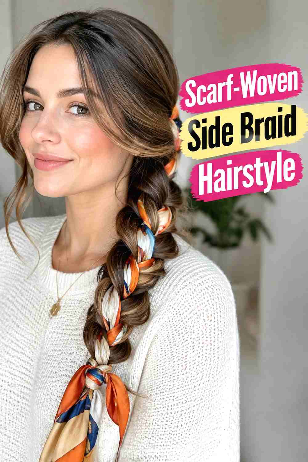 13. Scarf Woven Side Braid Hairstyle